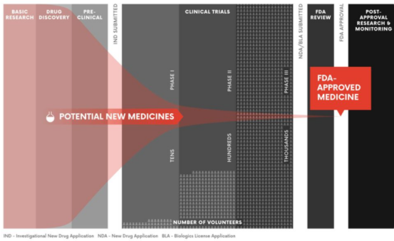 藥物發(fā)現(xiàn)與開發(fā)過程：數(shù)以萬計的潛在新藥經(jīng)過嚴(yán)格的多階段測試過程，生產(chǎn)出一種FDA批準(zhǔn)的藥物