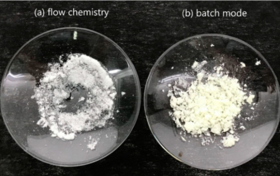 ( a ) 流動化學和 ( b ) 分批模式生產的 TNT 。流動化學樣品為白色，而批處理模式樣品因雜質而呈黃色。